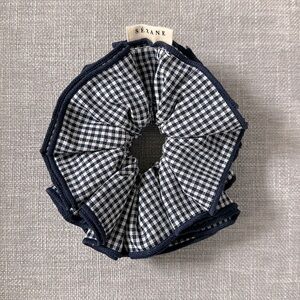 Sezane Gingham Hair Scrunchie in Navy and White
